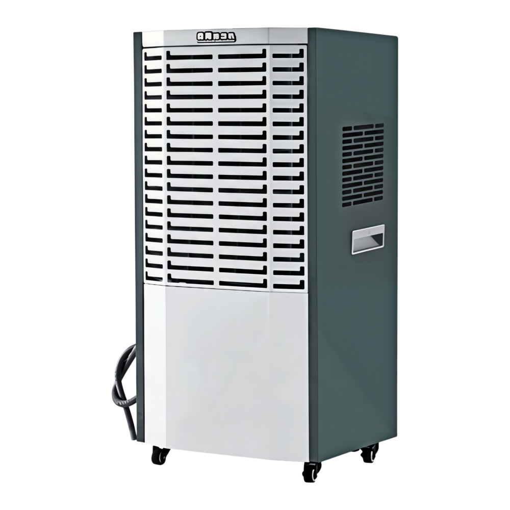 Commercial dehumidifier, angled side view with lateral vents and casters