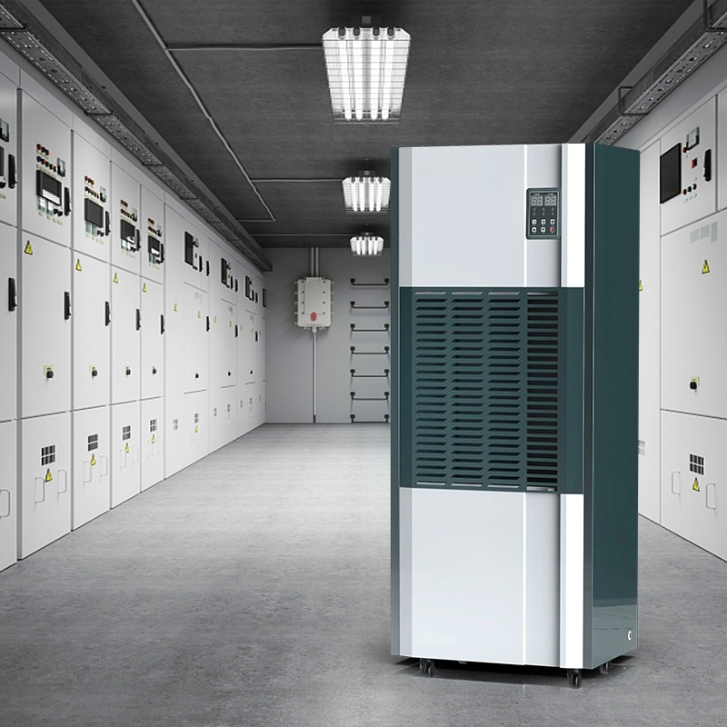 Rendered application scene: dehumidifier unit standing in an equipment room corridor